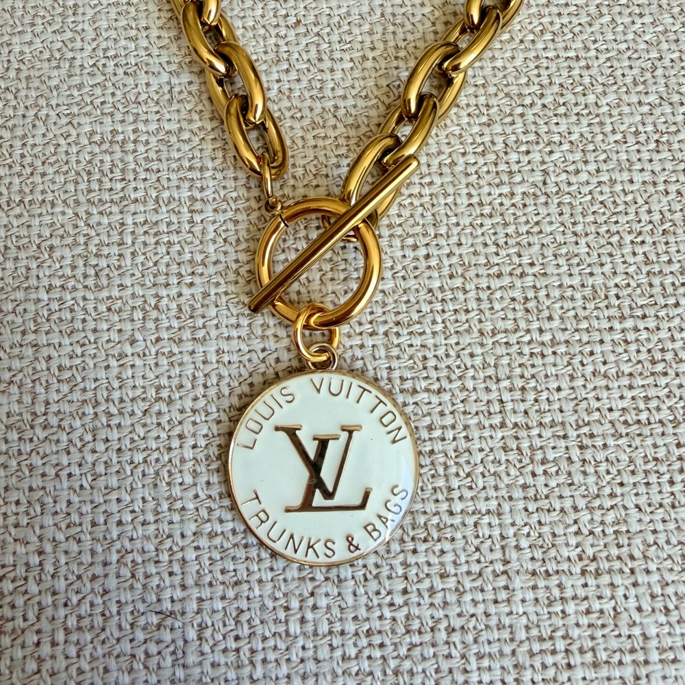 Upcycled white Medallion charm on toggle Necklace